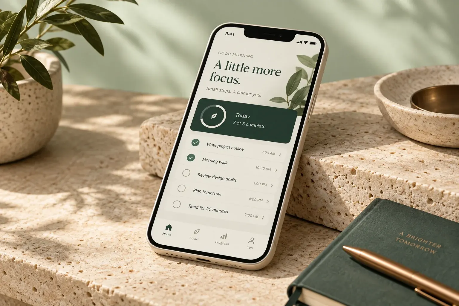 Concept productivity app on a cream smartphone on a sunlit stone pedestal
