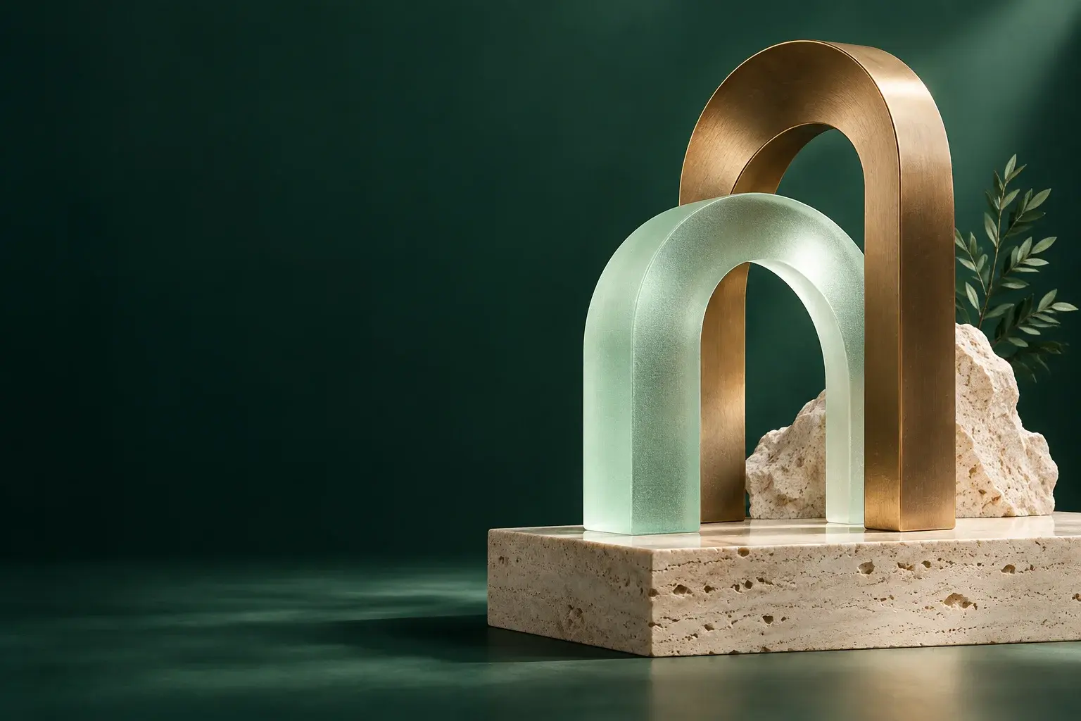 Interlocking bronze and frosted mint glass arches on a stone pedestal